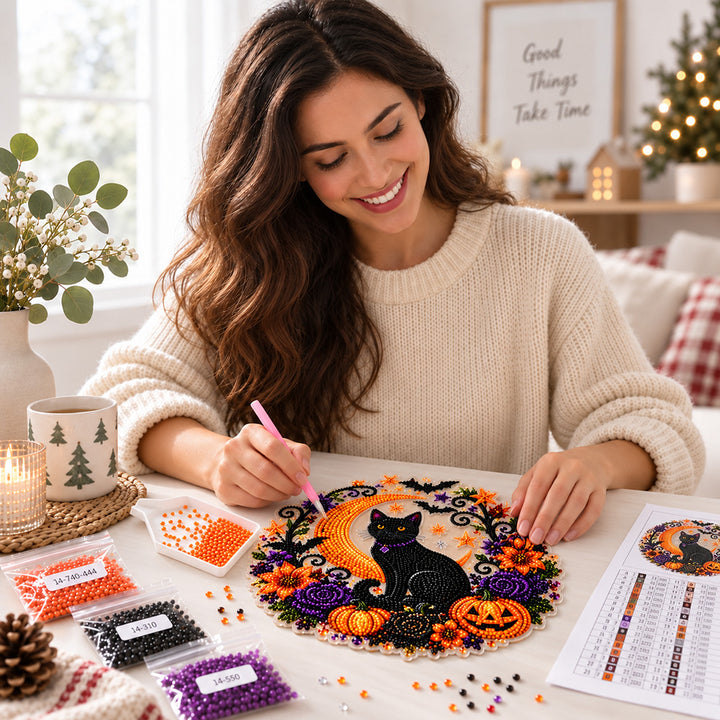 Halloween Black Cat Diamond Painting Kit Acrylic Crescent Moon Pumpkin Decoration Hanging Ornament