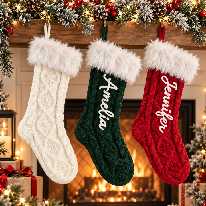 Personalized Fur Cuff Christmas Stocking Knitted Stocking with Chain Stitch Embroidered Name