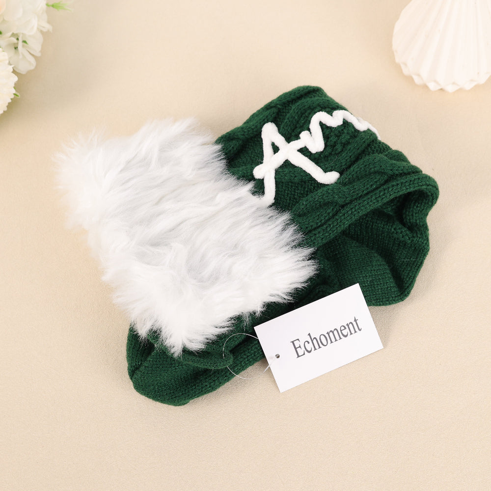 Echoment - Personalized Fur Cuff Christmas Stocking Knitted Stocking with Chain Stitch Embroidered Name