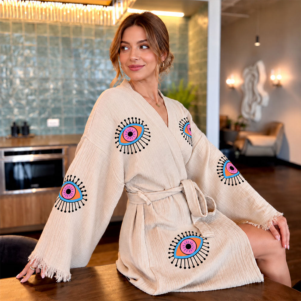 Organic Cotton Boho Kimono Robe Evil Eye Spa Bathrobe Bridal Bridesmaid Gift Music Festival Morning Robe