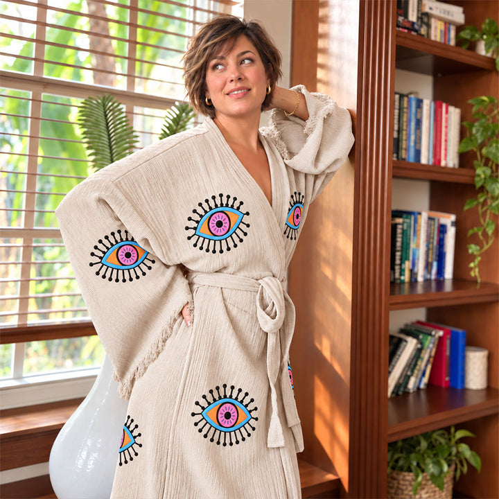 Organic Cotton Boho Kimono Robe Evil Eye Spa Bathrobe Bridal Bridesmaid Gift Music Festival Morning Robe