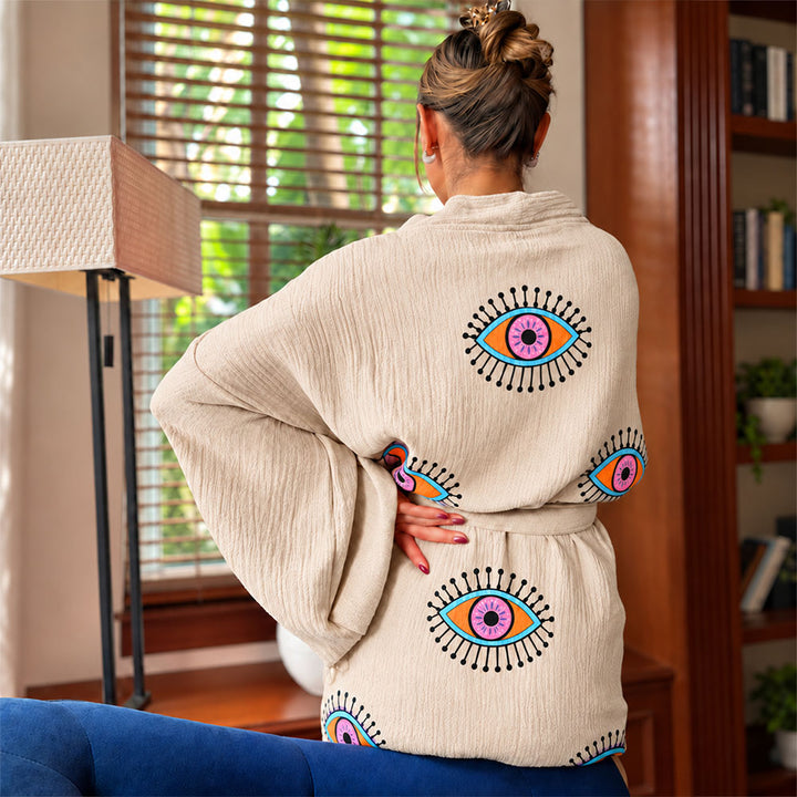 Organic Cotton Boho Kimono Robe Evil Eye Spa Bathrobe Bridal Bridesmaid Gift Music Festival Morning Robe