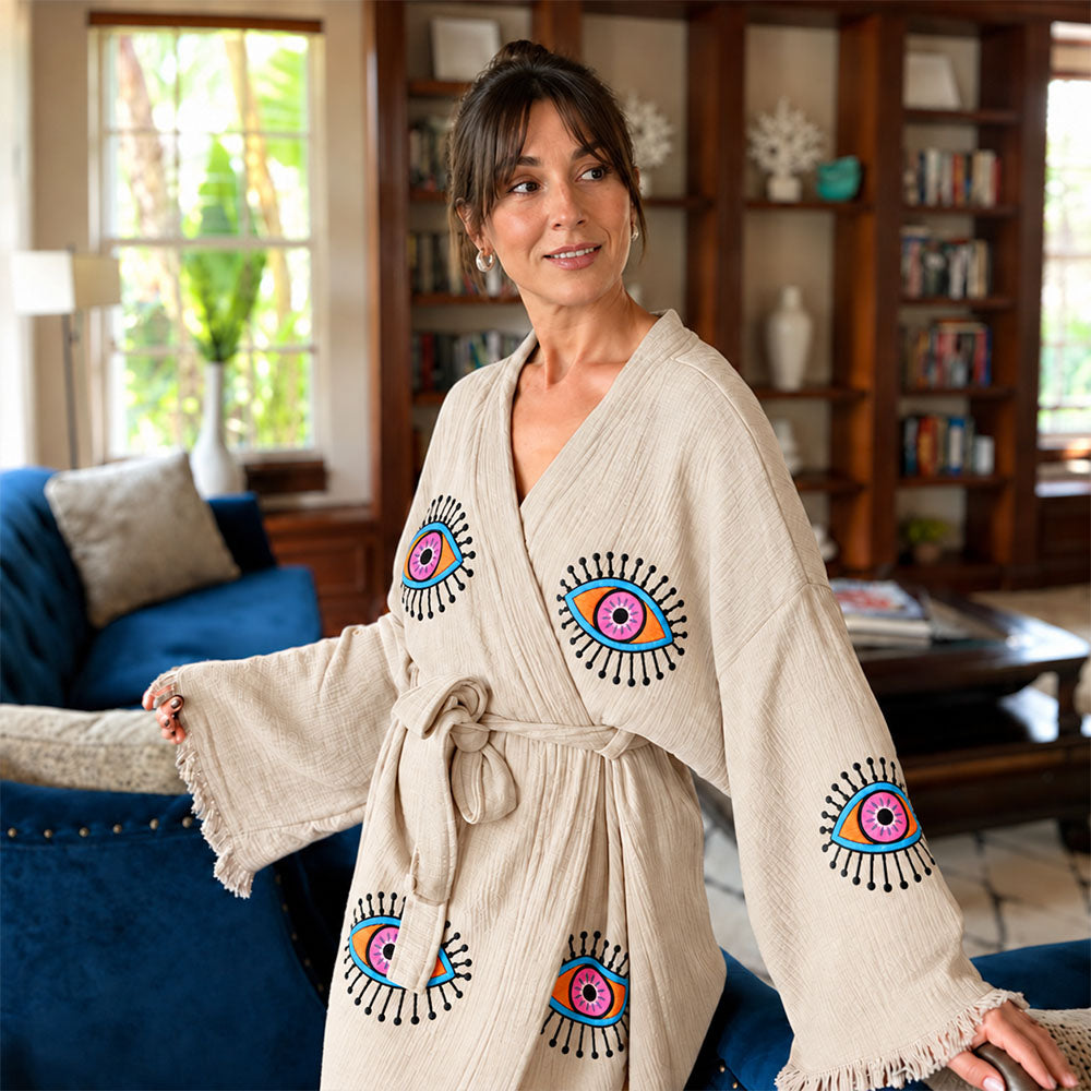 Organic Cotton Boho Kimono Robe Evil Eye Spa Bathrobe Bridal Bridesmaid Gift Music Festival Morning Robe