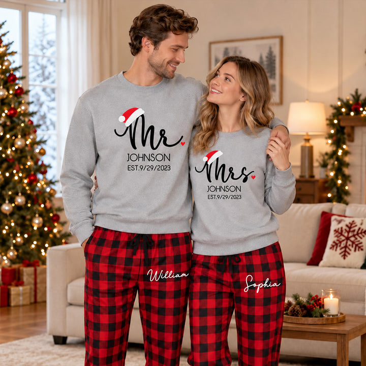 Our First Christmas Personalized Mr and Mrs Matching Pajamas Custom Pjs For Newlywed Christmas Sleepwear And Holiday Loungewear Gift