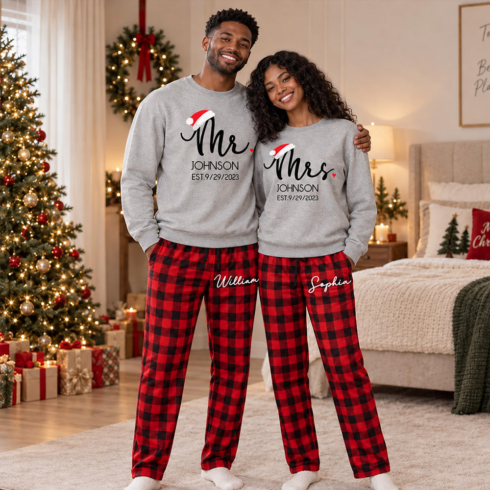 Our First Christmas Personalized Mr and Mrs Matching Pajamas Custom Pjs For Newlywed Christmas Sleepwear And Holiday Loungewear Gift