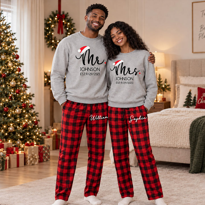 Our First Christmas Personalized Mr and Mrs Matching Pajamas Custom Pjs For Newlywed Christmas Sleepwear And Holiday Loungewear Gift