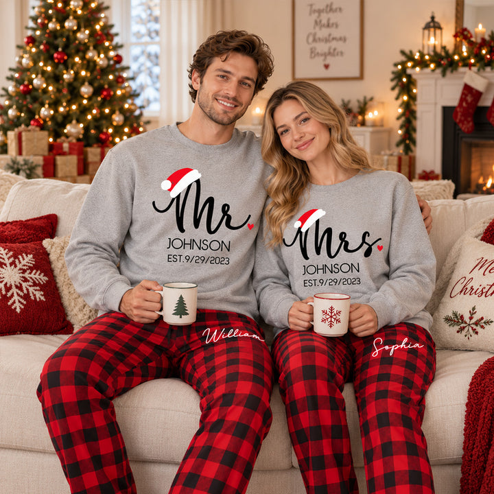 Our First Christmas Personalized Mr and Mrs Matching Pajamas Custom Pjs For Newlywed Christmas Sleepwear And Holiday Loungewear Gift