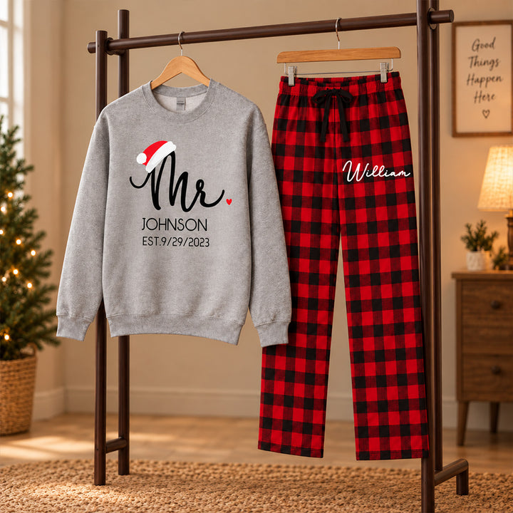 Our First Christmas Personalized Mr and Mrs Matching Pajamas Custom Pjs For Newlywed Christmas Sleepwear And Holiday Loungewear Gift