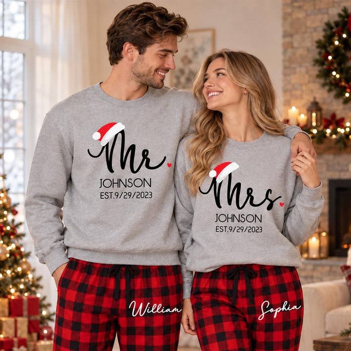 Our First Christmas Personalized Mr and Mrs Matching Pajamas Custom Pjs For Newlywed Christmas Sleepwear And Holiday Loungewear Gift