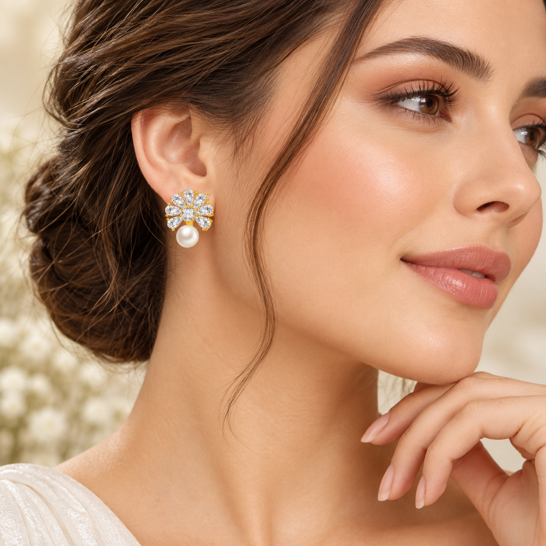 Elegant Pearl Stud Earrings Gold Crystal Pearl Drop Earrings for Women Wedding Bridal Jewelry Gift