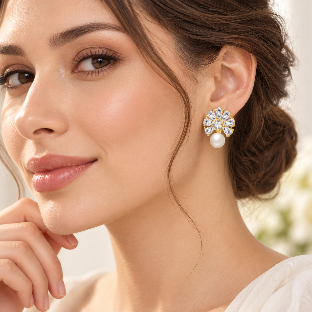 Elegant Pearl Stud Earrings Gold Crystal Pearl Drop Earrings for Women Wedding Bridal Jewelry Gift