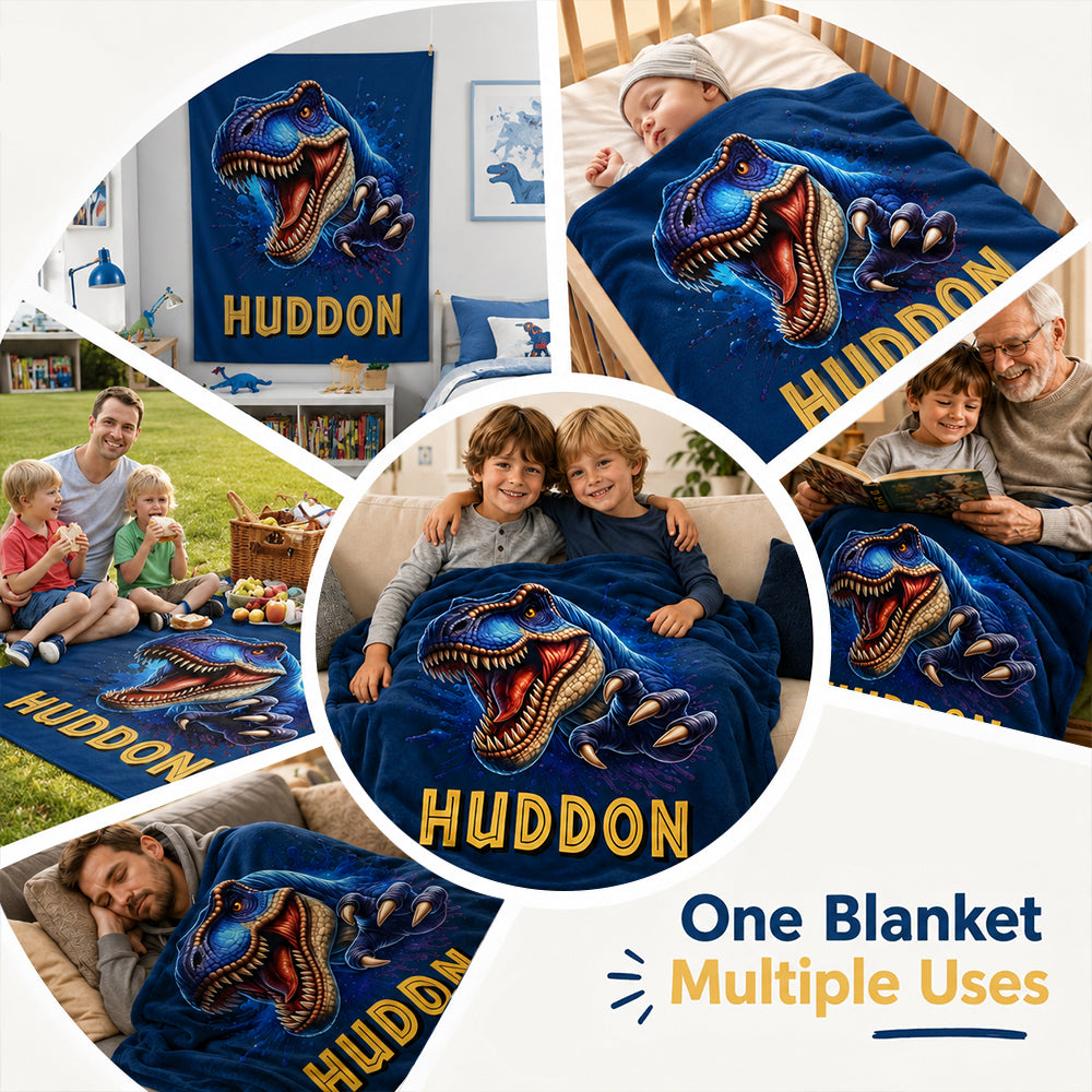 Personalized Dinosaur Blanket Custom Name Fleece  Blanket Unique Birthday Gifts For Kids Dinosaur Lover