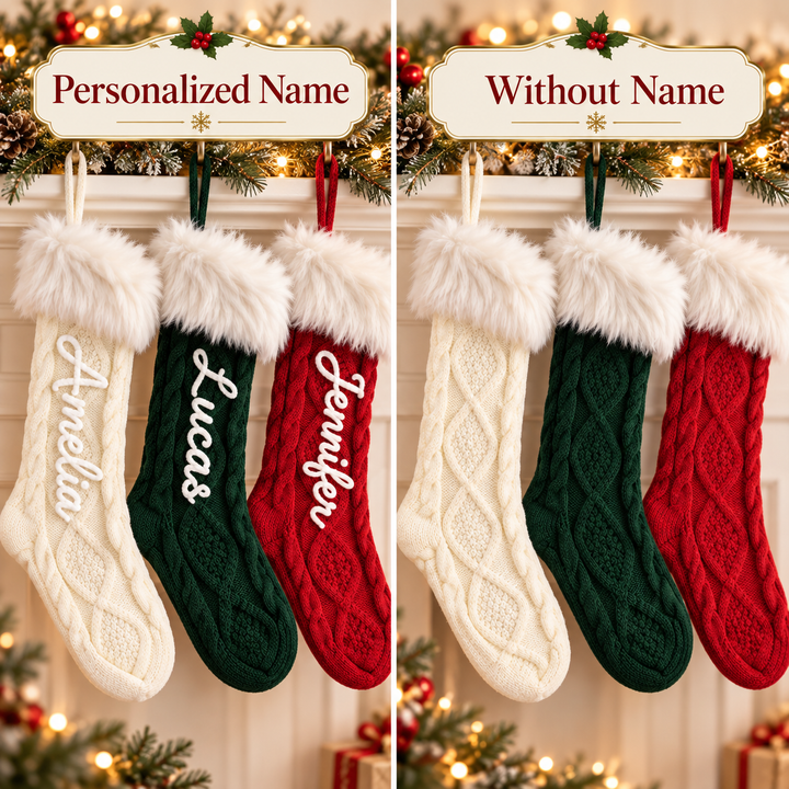 Personalized Fur Cuff Christmas Stocking Knitted Stocking with Chain Stitch Embroidered Name