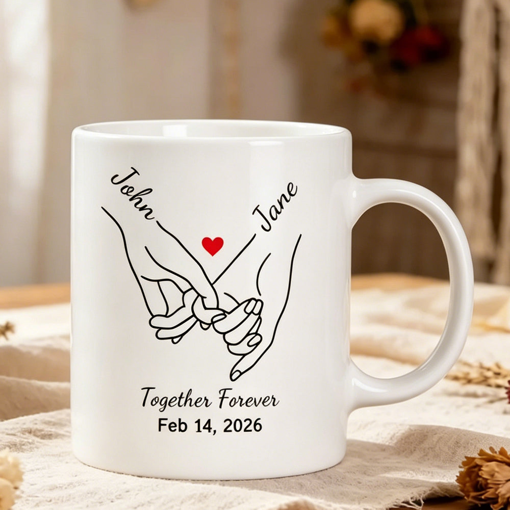 Personalize Anniversary Pinky Promise Heart Mug Pinky Hold Hands Valentine‘s Gift 11oz Ceramic