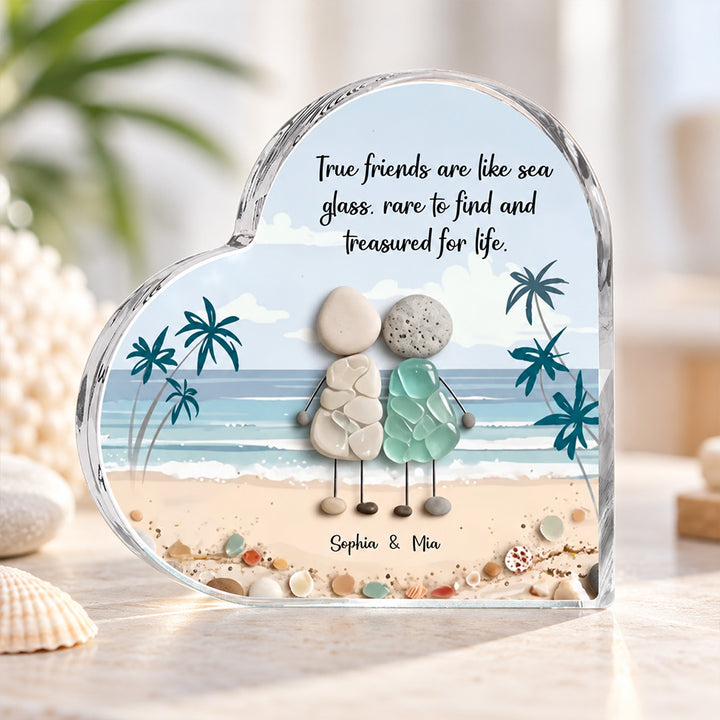 Personalized 3D Effect Sea Glass Beach Heart Acrylic Plaque Custom Friendship Gift for Sisters Friends Bestie