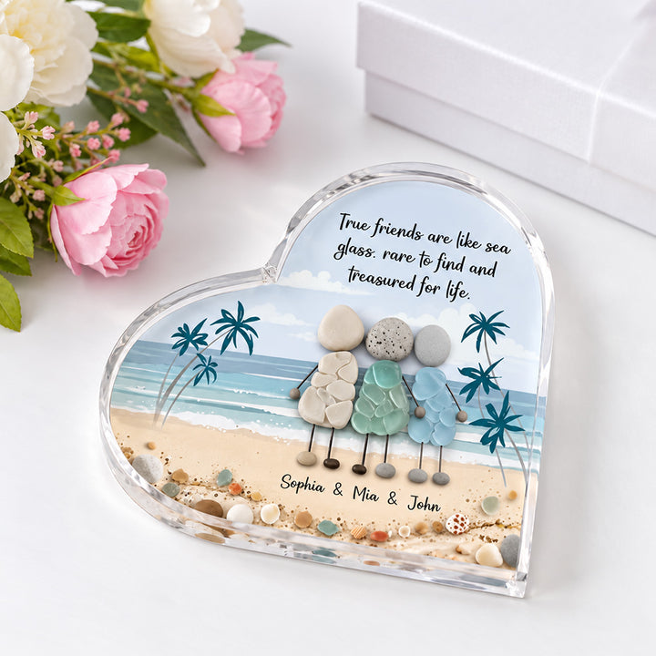 Personalized 3D Effect Sea Glass Beach Heart Acrylic Plaque Custom Friendship Gift for Sisters Friends Bestie