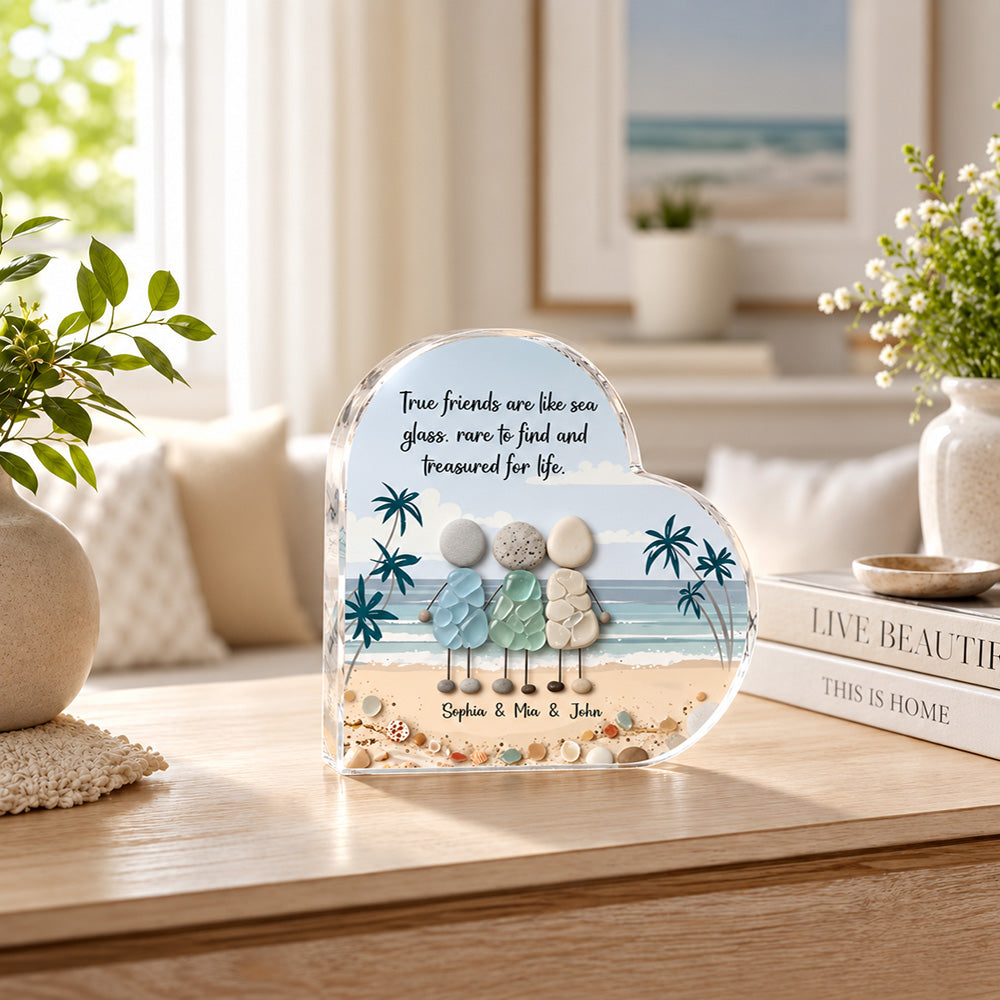 Personalized 3D Effect Sea Glass Beach Heart Acrylic Plaque Custom Friendship Gift for Sisters Friends Bestie