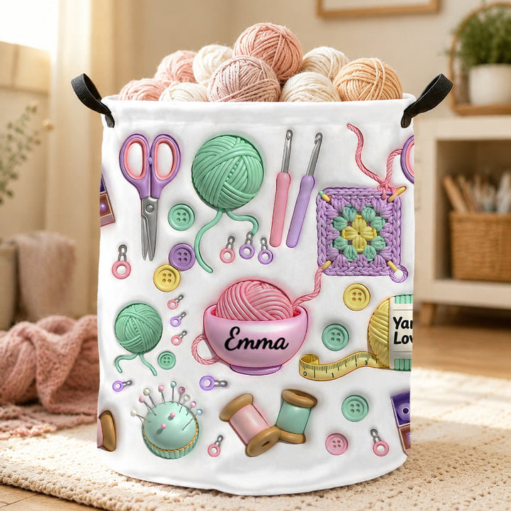 Personalized 3D Effect Yarn Knitting Pattern Waterproof Laundry Basket Custom Name Storage Bin with Handle Gift for Crochet Lover