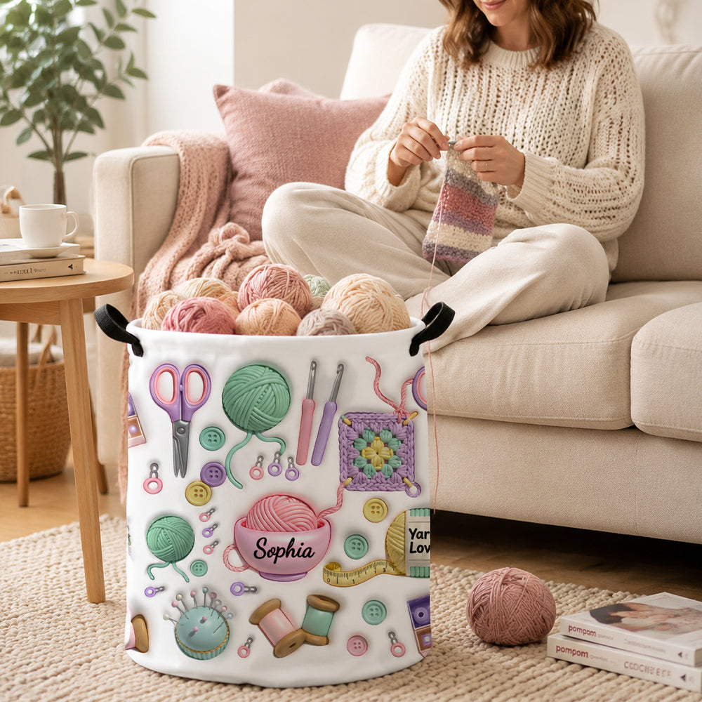 Personalized 3D Effect Yarn Knitting Pattern Waterproof Laundry Basket Custom Name Storage Bin with Handle Gift for Crochet Lover