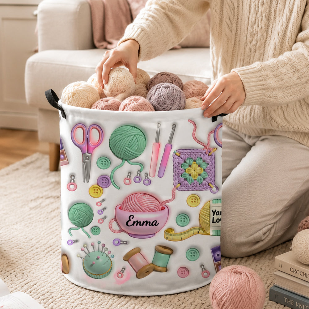 Personalized 3D Effect Yarn Knitting Pattern Waterproof Laundry Basket Custom Name Storage Bin with Handle Gift for Crochet Lover