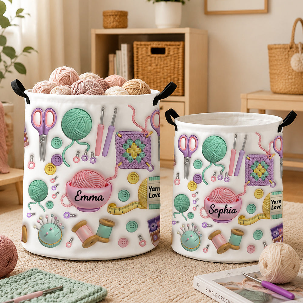 Personalized 3D Effect Yarn Knitting Pattern Waterproof Laundry Basket Custom Name Storage Bin with Handle Gift for Crochet Lover