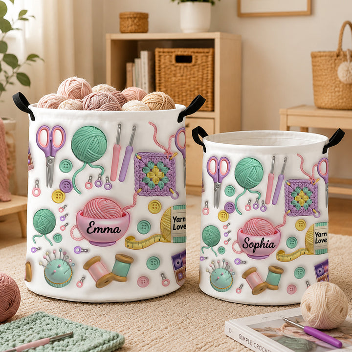 Personalized 3D Effect Yarn Knitting Pattern Waterproof Laundry Basket Custom Name Storage Bin with Handle Gift for Crochet Lover