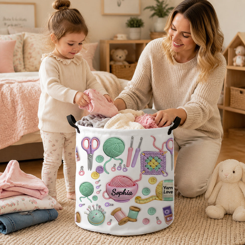 Personalized 3D Effect Yarn Knitting Pattern Waterproof Laundry Basket Custom Name Storage Bin with Handle Gift for Crochet Lover