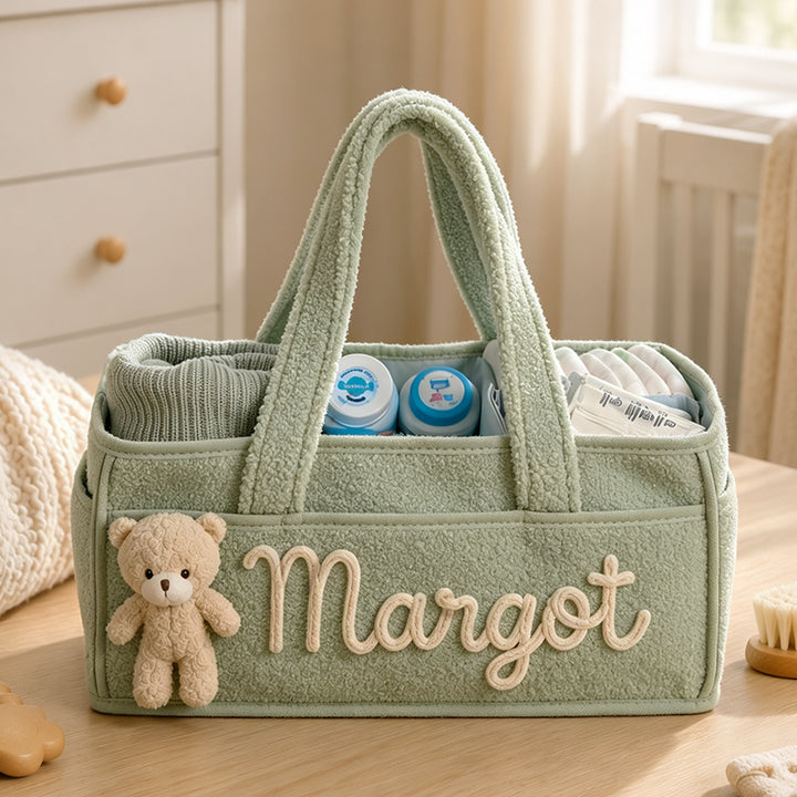 Personalized Bear Plush Baby Storage Basket Soft Nursery Organizer Bin Side Pockets Toy Laundry Canvas Hamper Infant Shower Gift
