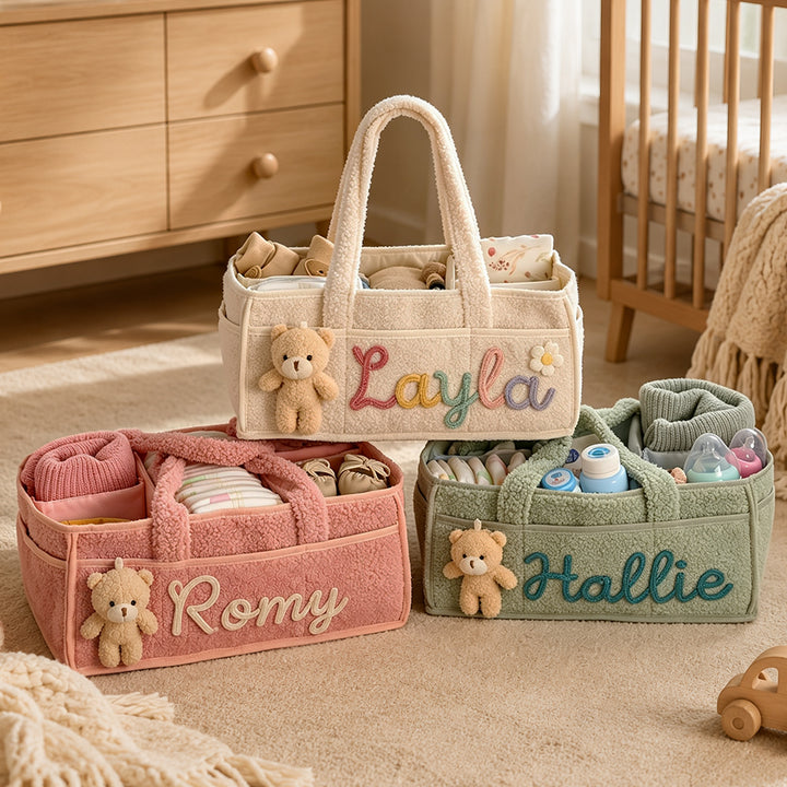 Personalized Bear Plush Baby Storage Basket Soft Nursery Organizer Bin Side Pockets Toy Laundry Canvas Hamper Infant Shower Gift