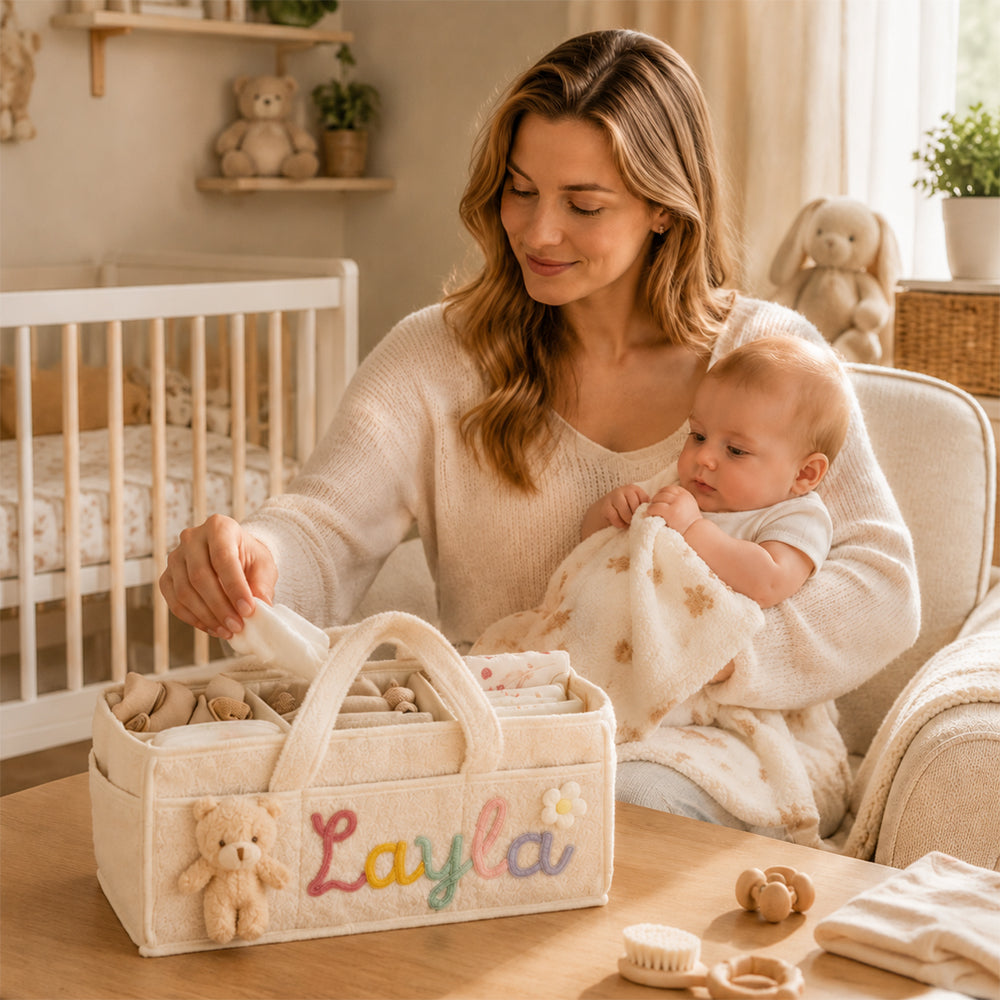 Personalized Bear Plush Baby Storage Basket Soft Nursery Organizer Bin Side Pockets Toy Laundry Canvas Hamper Infant Shower Gift