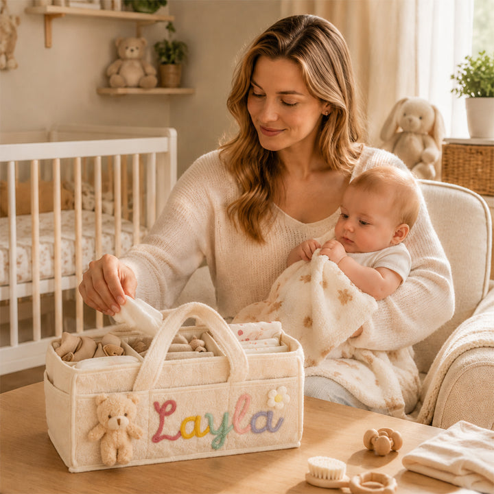 Personalized Bear Plush Baby Storage Basket Soft Nursery Organizer Bin Side Pockets Toy Laundry Canvas Hamper Infant Shower Gift