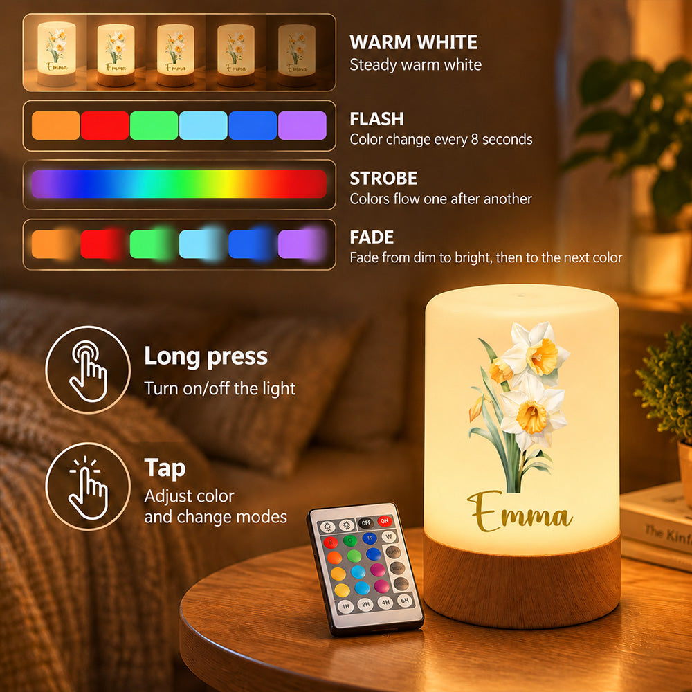 Personalized Birth Flower Dimmable Touch Control LED Night Light  Custom Name Lamp  Desk Decor Birthday Gift for Women