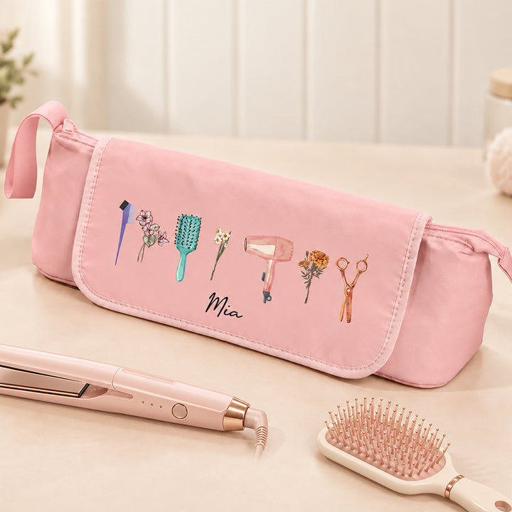 Personalized Birth Flower Hair Tools Travel Bag Custom Name Hair Dryer Curling Iron Organizer Travel Case Gift For Her