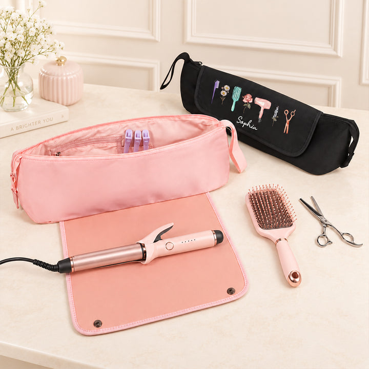 Personalized Birth Flower Hair Tools Travel Bag Custom Name Hair Dryer Curling Iron Organizer Travel Case Gift For Her