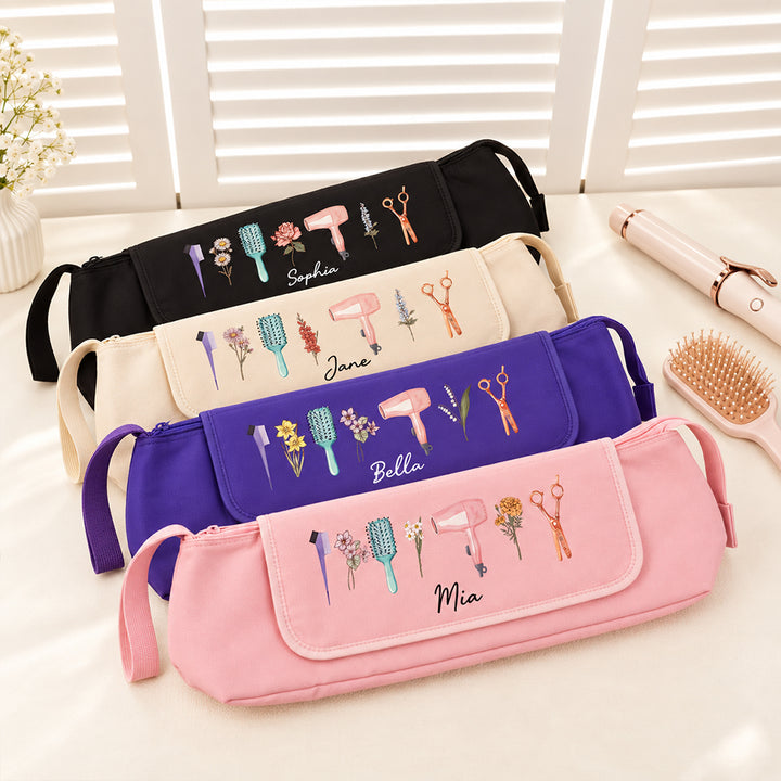 Personalized Birth Flower Hair Tools Travel Bag Custom Name Hair Dryer Curling Iron Organizer Travel Case Gift For Her