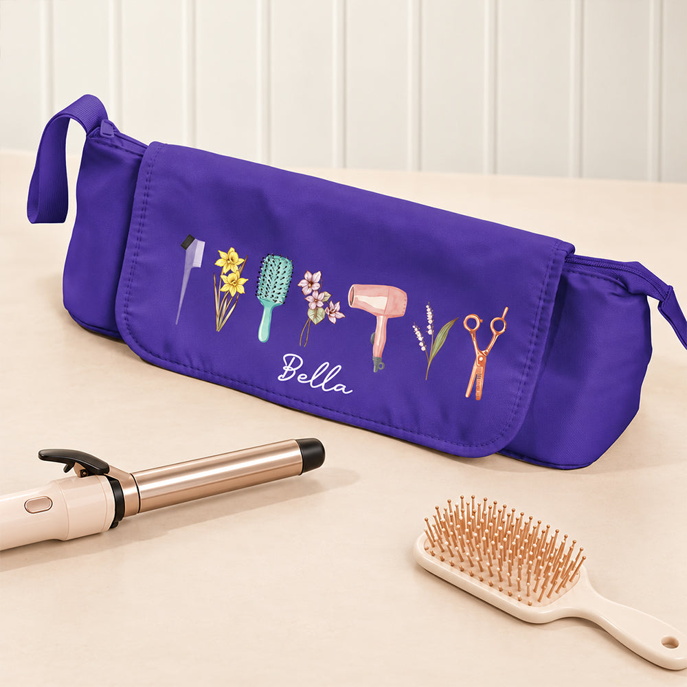 Personalized Birth Flower Hair Tools Travel Bag Custom Name Hair Dryer Curling Iron Organizer Travel Case Gift For Her
