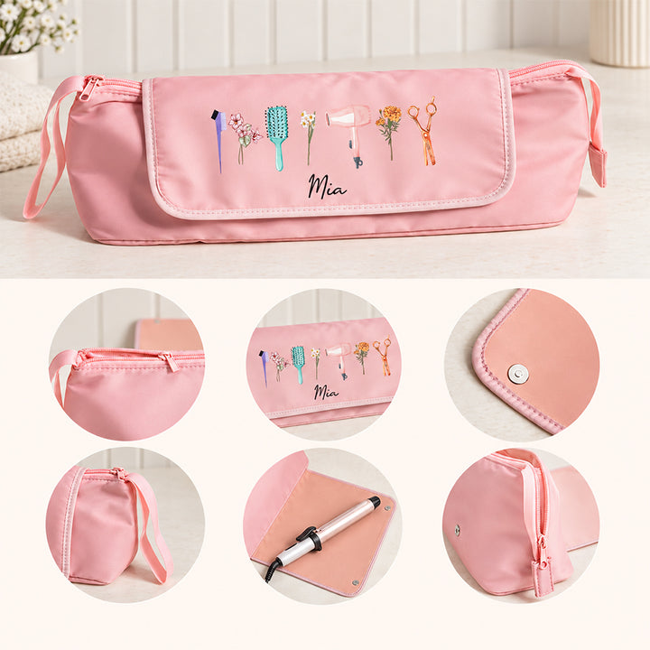 Personalized Birth Flower Hair Tools Travel Bag Custom Name Hair Dryer Curling Iron Organizer Travel Case Gift For Her