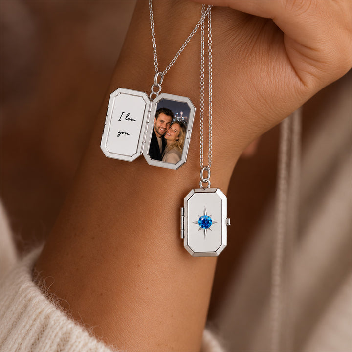Personalized Birthstone Locket Necklace Photo Pendant Engravable Memorial Jewelry Anniversary Gift for Her Keepsake