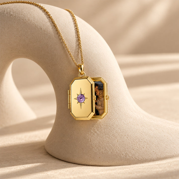 Personalized Birthstone Locket Necklace Photo Pendant Engravable Memorial Jewelry Anniversary Gift for Her Keepsake