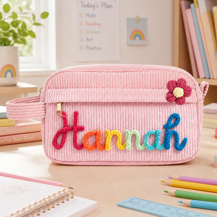 Personalized Corduroy Pencil Case Custom Yarn Name Pencil Bag Back to School Gift Monogram Makeup Pouch Kid Student Gift