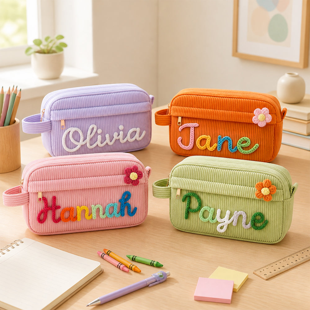 Personalized Corduroy Pencil Case Custom Yarn Name Pencil Bag Back to School Gift Monogram Makeup Pouch Kid Student Gift