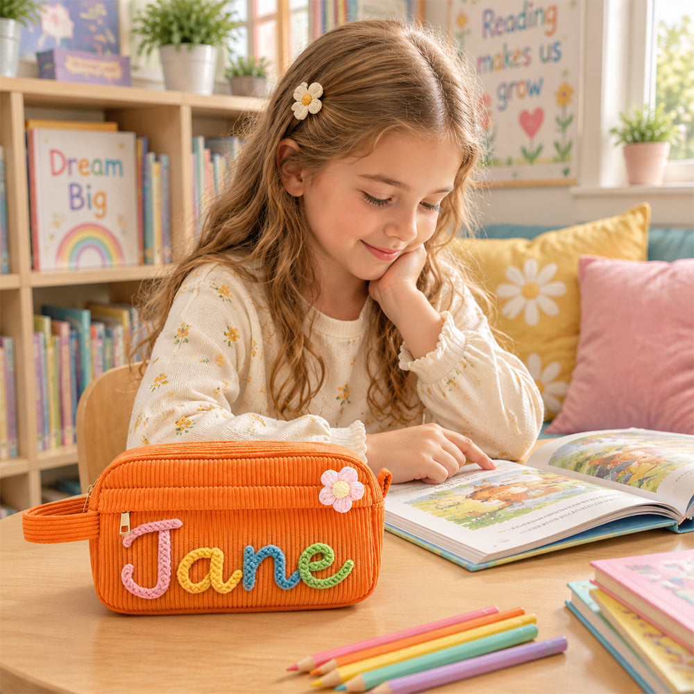 Personalized Corduroy Pencil Case Custom Yarn Name Pencil Bag Back to School Gift Monogram Makeup Pouch Kid Student Gift