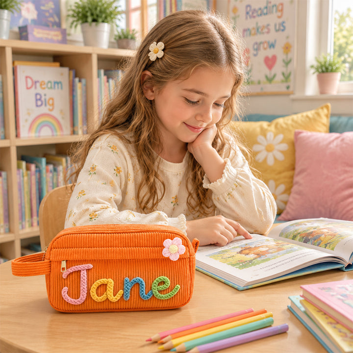Personalized Corduroy Pencil Case Custom Yarn Name Pencil Bag Back to School Gift Monogram Makeup Pouch Kid Student Gift