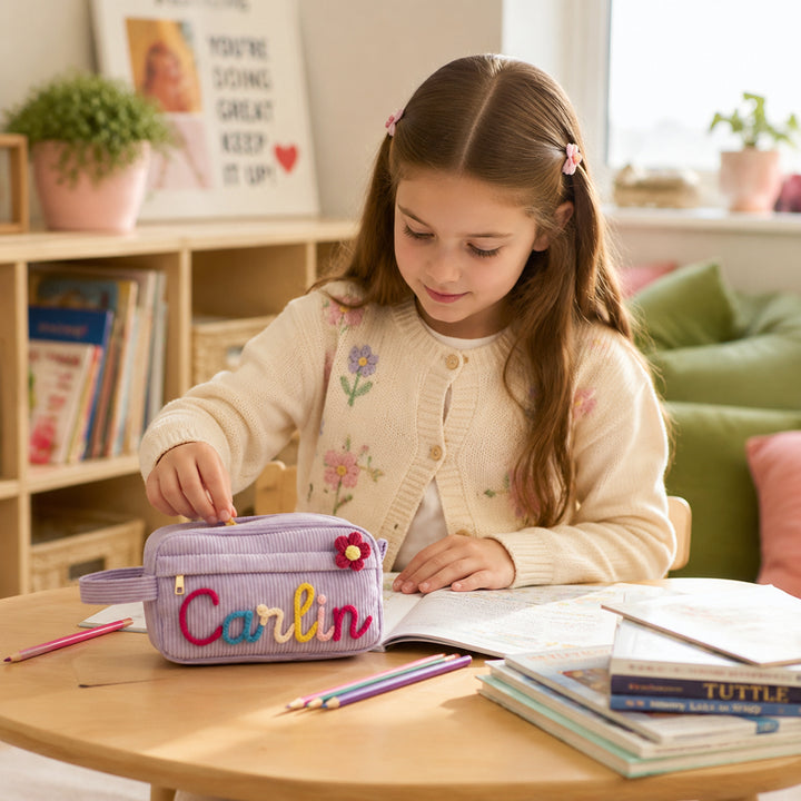 Personalized Corduroy Pencil Case Custom Yarn Name Pencil Bag Back to School Gift Monogram Makeup Pouch Kid Student Gift