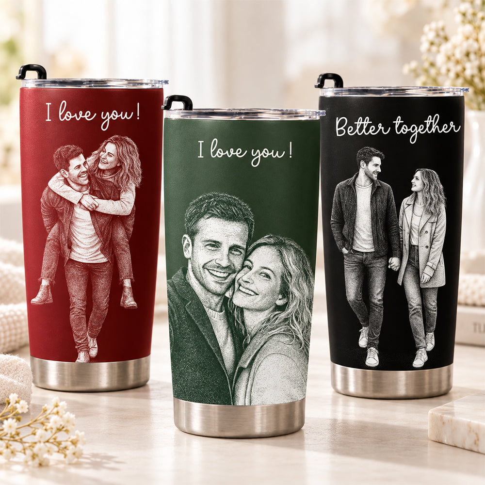 Personalized Couple Photo Line Art Tumbler with Straw Custom Outline Stainless Steel Insulated Travel Coffee Mug Romantic Anniversary Birthday Gift for Him Her