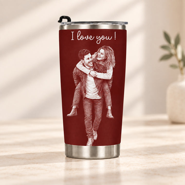 Personalized Couple Photo Line Art Tumbler with Straw Custom Outline Stainless Steel Insulated Travel Coffee Mug Romantic Anniversary Birthday Gift for Him Her