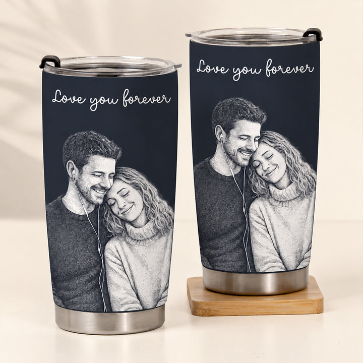 Personalized Couple Photo Line Art Tumbler with Straw Custom Outline Stainless Steel Insulated Travel Coffee Mug Romantic Anniversary Birthday Gift for Him Her
