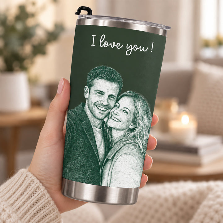 Personalized Couple Photo Line Art Tumbler with Straw Custom Outline Stainless Steel Insulated Travel Coffee Mug Romantic Anniversary Birthday Gift for Him Her