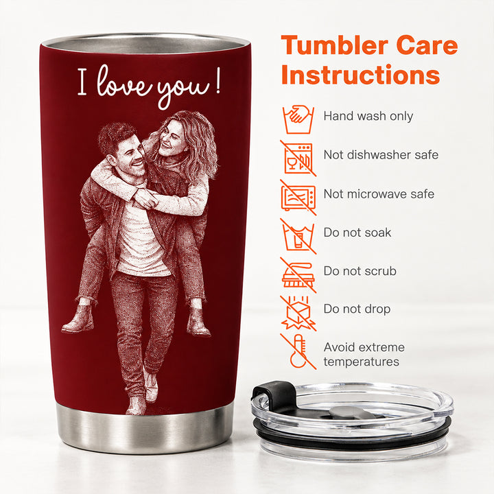Personalized Couple Photo Line Art Tumbler with Straw Custom Outline Stainless Steel Insulated Travel Coffee Mug Romantic Anniversary Birthday Gift for Him Her