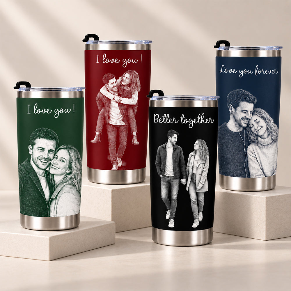 Personalized Couple Photo Line Art Tumbler with Straw Custom Outline Stainless Steel Insulated Travel Coffee Mug Romantic Anniversary Birthday Gift for Him Her